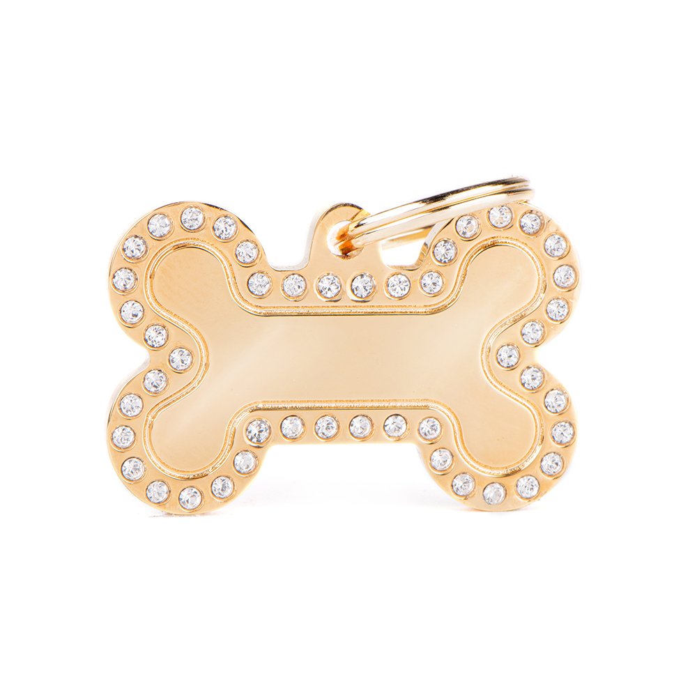 Gold bone pet ID tag with diamonds