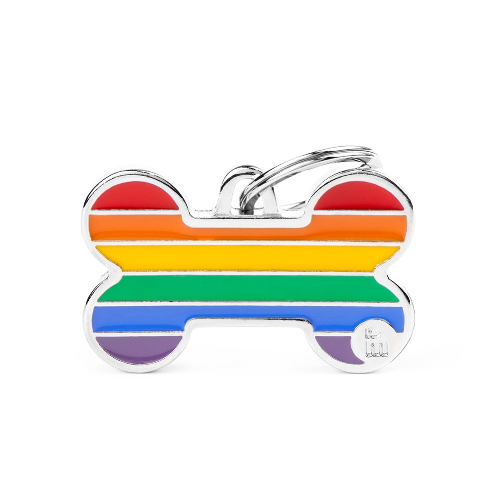 bone-shaped rainbow ID tag